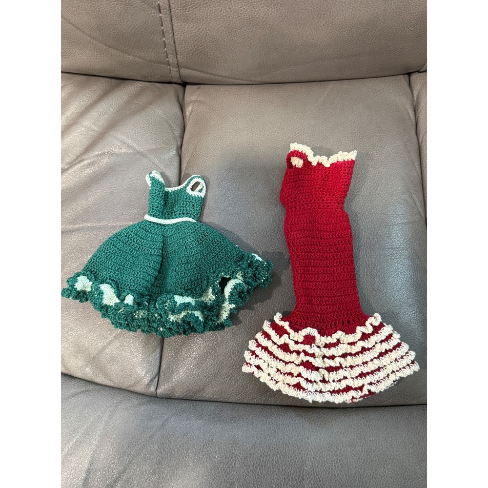 Vintage Handmade Crochet Doll Clothes Set Green Red Christmas Ruffle Dresses